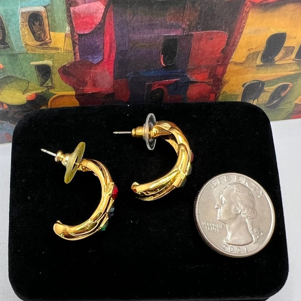 Mughal Color Stones on Gold Semi-Hoop Earrings 1990’s - Picture 3 of 8